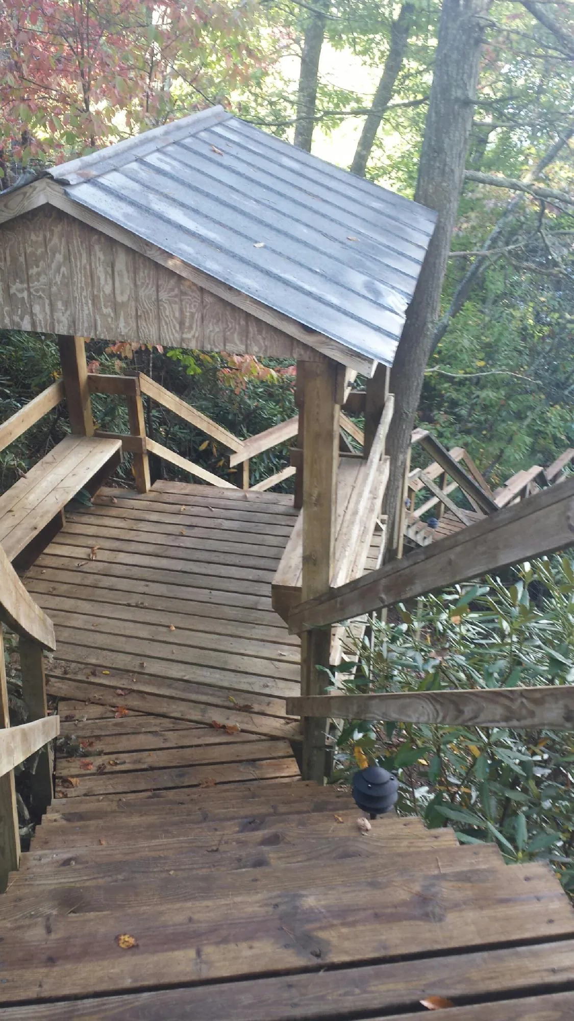 Metal roofed shelter over wooden steps on a wooded walkway — Skylight Repair & Installation work by our crew in Preston Hollow